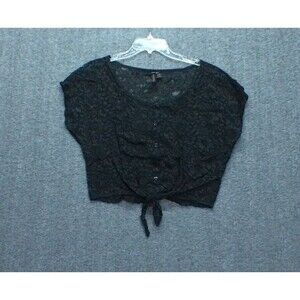 Full Tilt Womens Junior Med Cropped Top Black Lace Overlay Tie Front Cap Sleeve